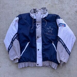 Vintage Pro Player Dallas Cowboys NFL Puffer Jacket Navy White Silver Mens XL